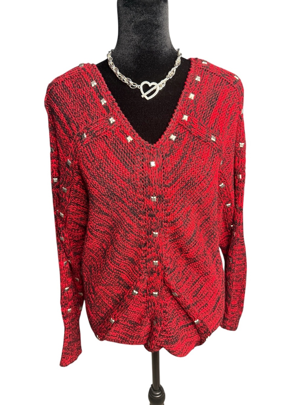 Intrigue studded knit sweater red black marled V neck size S Y2K grunge - Picture 2 of 6